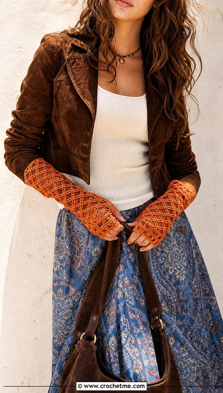 Vine Lattice Crochet Gloves With Boho Maxi Skirt - 35 crochet gloves fingers outfit ideas