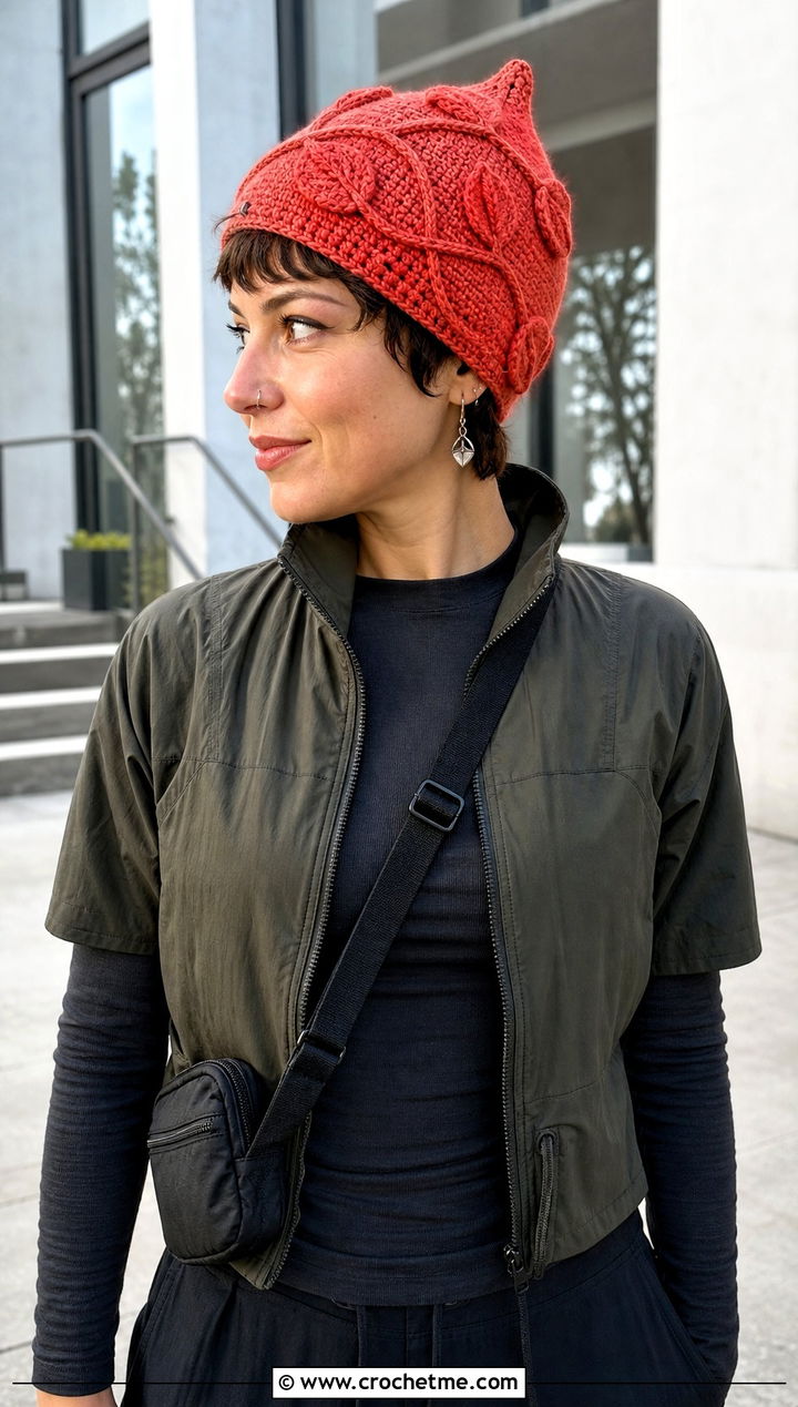 Vine Leaf Pixie Hat With Cargo Pants - 25 Crochet Leaf Hat outfit ideas