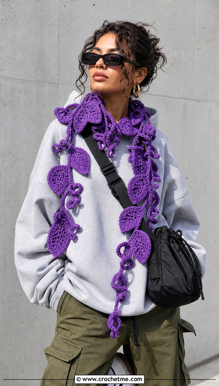 Vine Leaf Scarf With Hoodie And Cargo Pants - 25 crochet leaf scarf outfit ideas