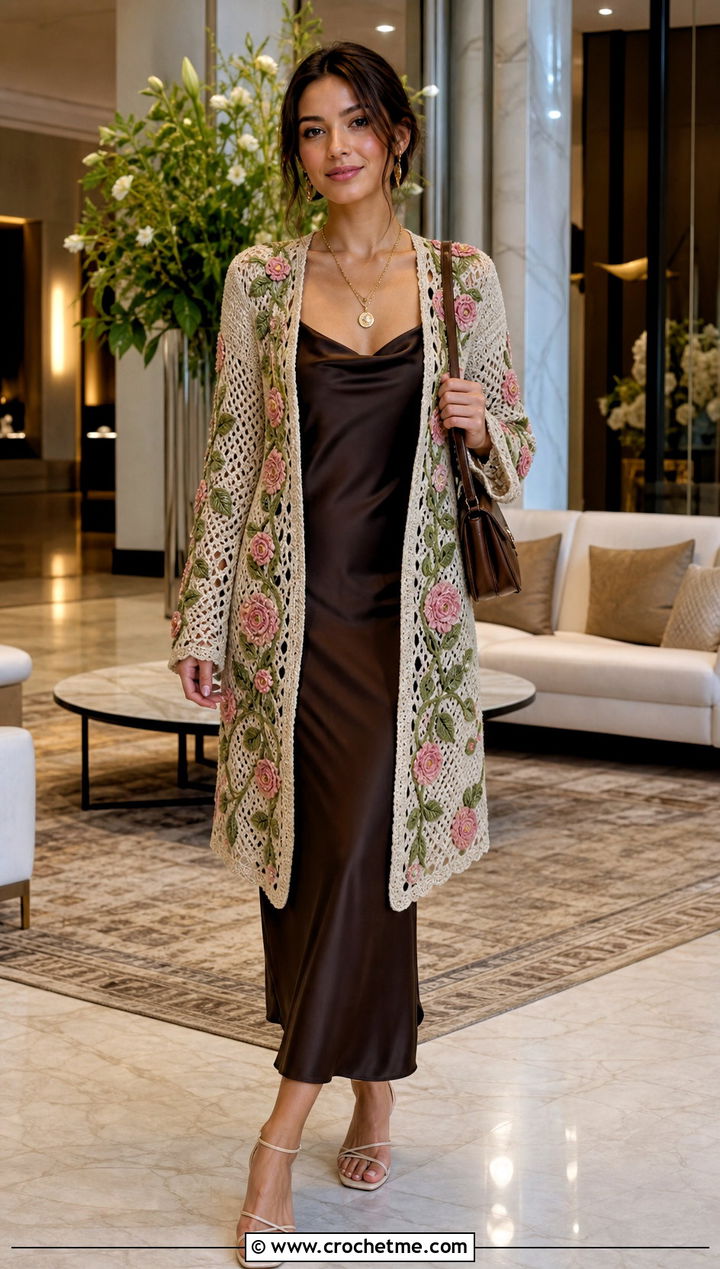 Vine Motif Irish Crochet Cardigan With Slip Dress - 25 Irish Crochet Cardigan outfit ideas