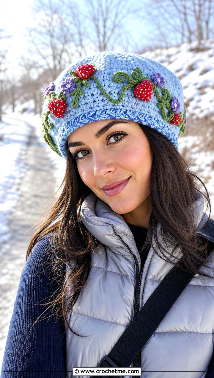 Vine Trim Strawberry Crochet Beret With Puffer Vest - 25 strawberry crochet beret outfit ideas