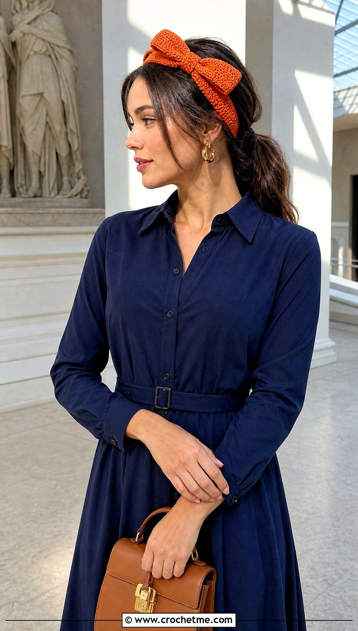Vintage Bow Crochet Headband With Shirt Dress - 15 vintage crochet headband outfit ideas