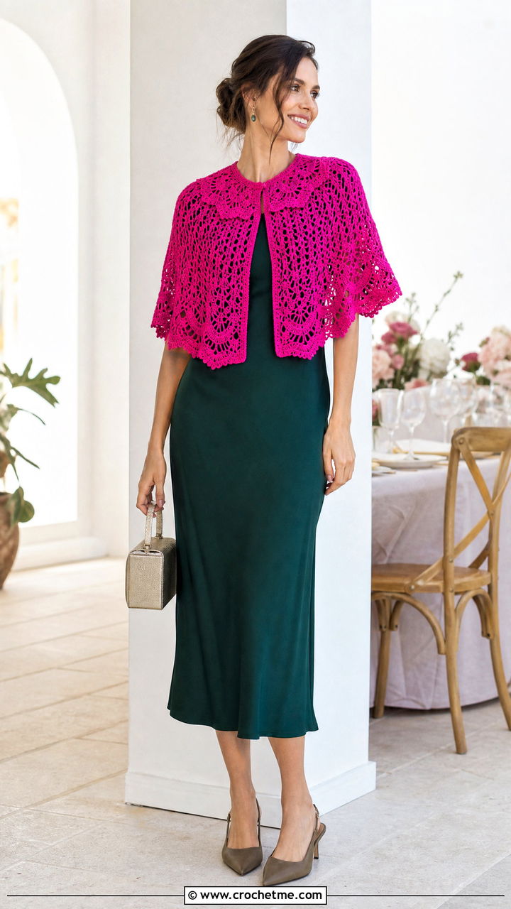 Vintage Collar Crochet Cape With A Tea Length Dress - 35 crochet cape outfit ideas