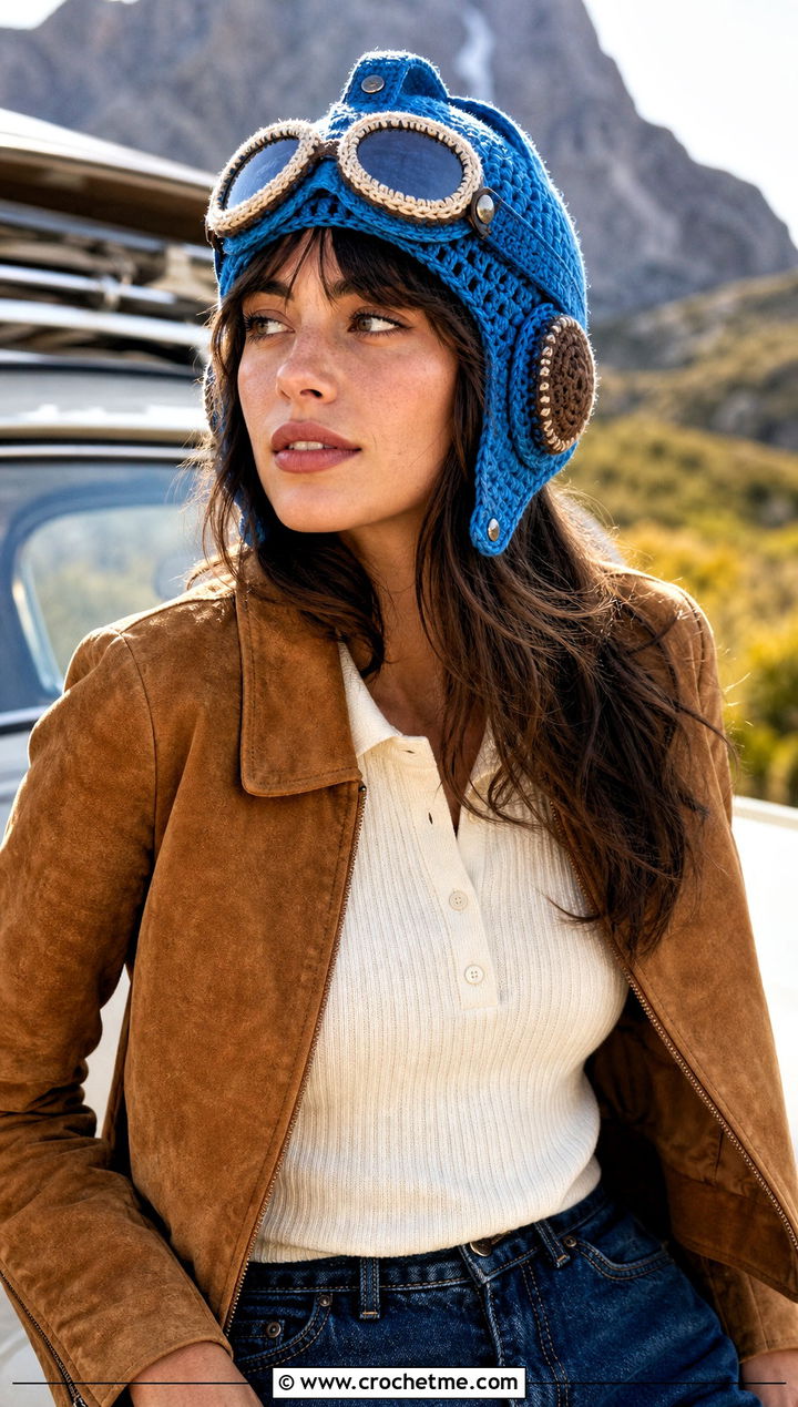 Vintage Crochet Aviator Helmet With Wide Leg Jeans - 30 crochet aviator hat outfit ideas