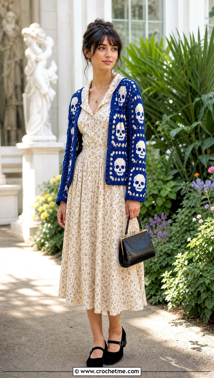 Vintage Crochet Skull Granny Square Cardigan With A Tea Dress - 25 crochet skull granny square cardigan outfit ideas