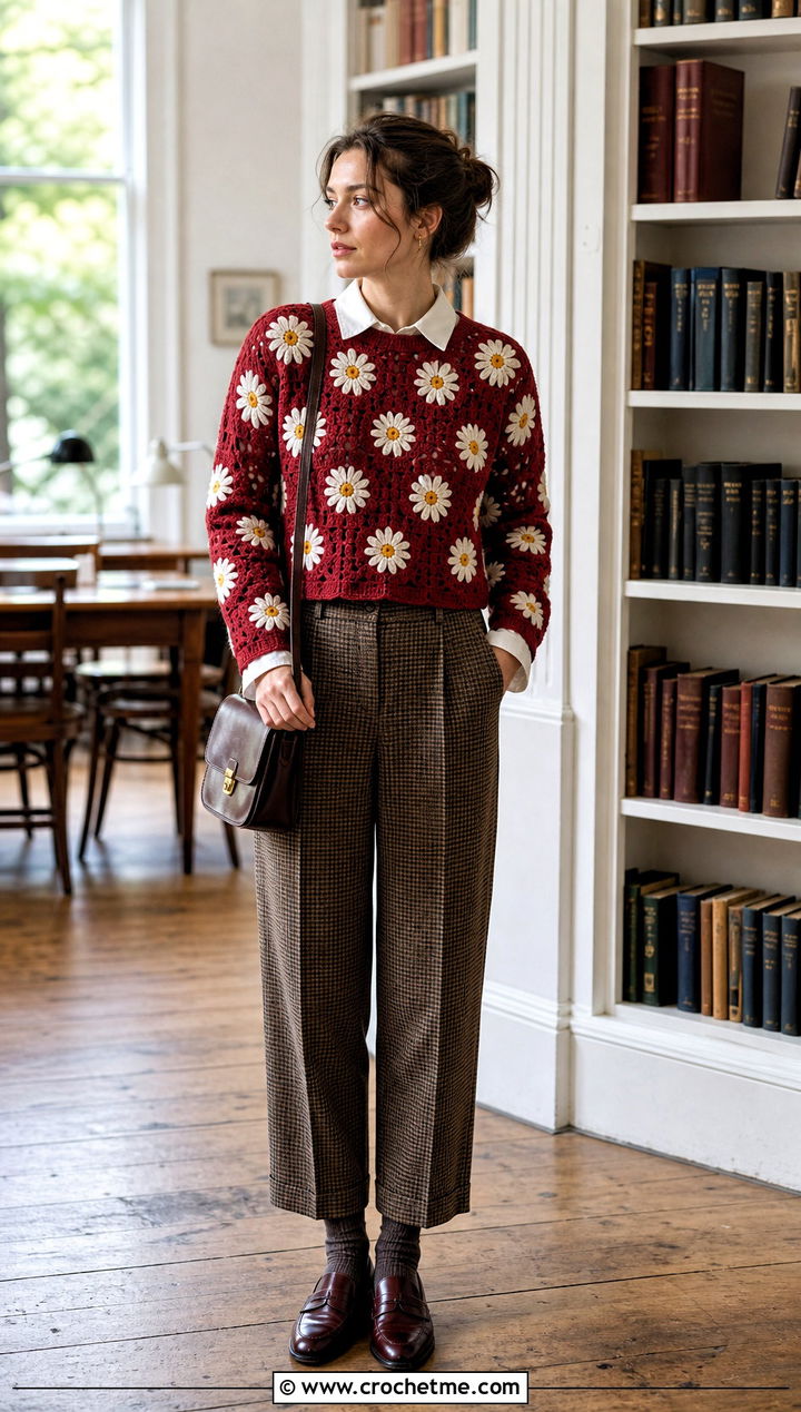 Vintage Daisy Crochet Sweater With Plaid Trousers - 35 crochet sweater with flowers outfit ideas