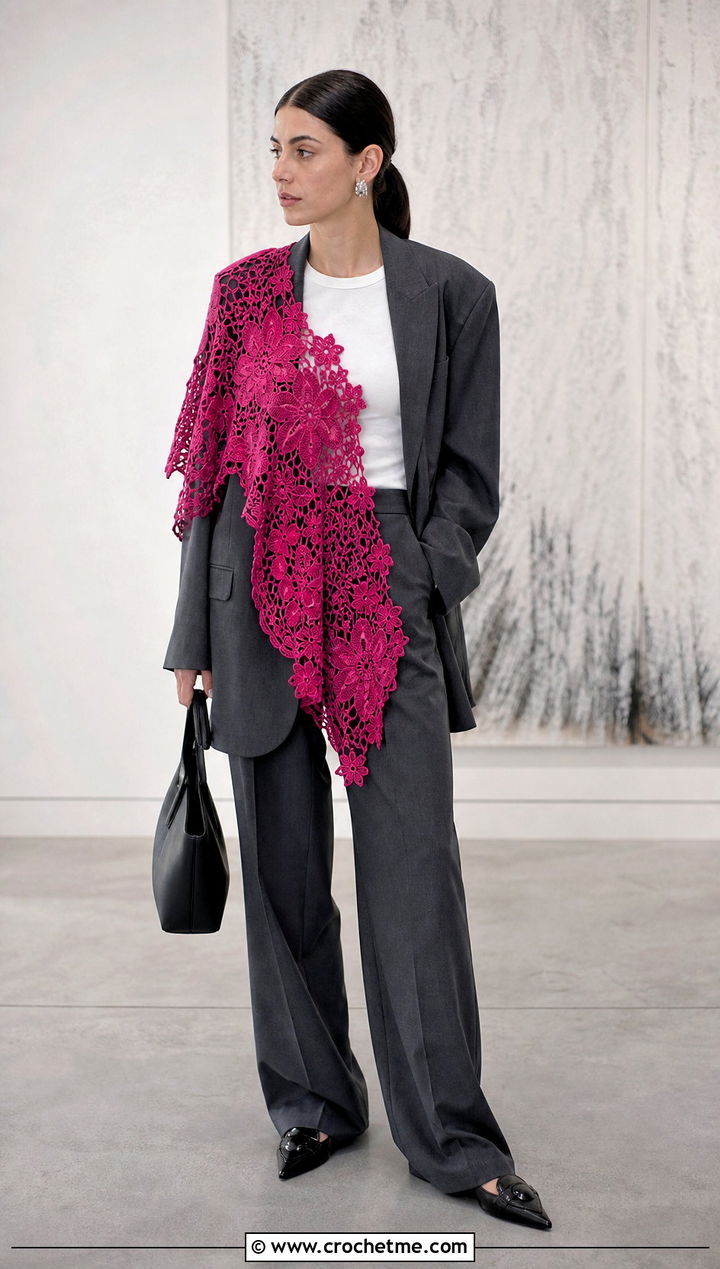Vintage Floral Crochet Lace Stole With A Modern Suit - 30 easy crochet lace shawl outfit ideas