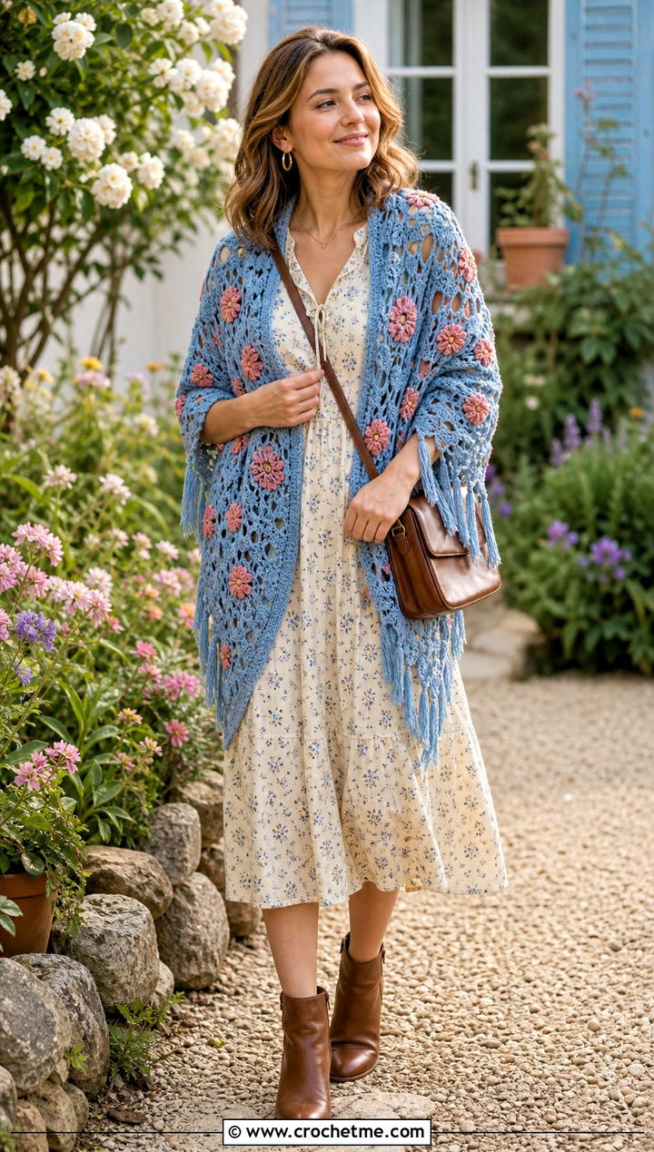 Vintage Floral Crochet Shawl With Prairie Dress - 30 boho crochet shawl outfit ideas