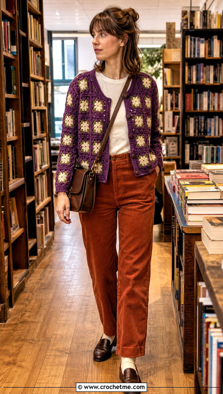 Vintage Floral Small Granny Square Cardigan With Corduroy Pants - 25 Small Granny Square Cardigan outfit ideas