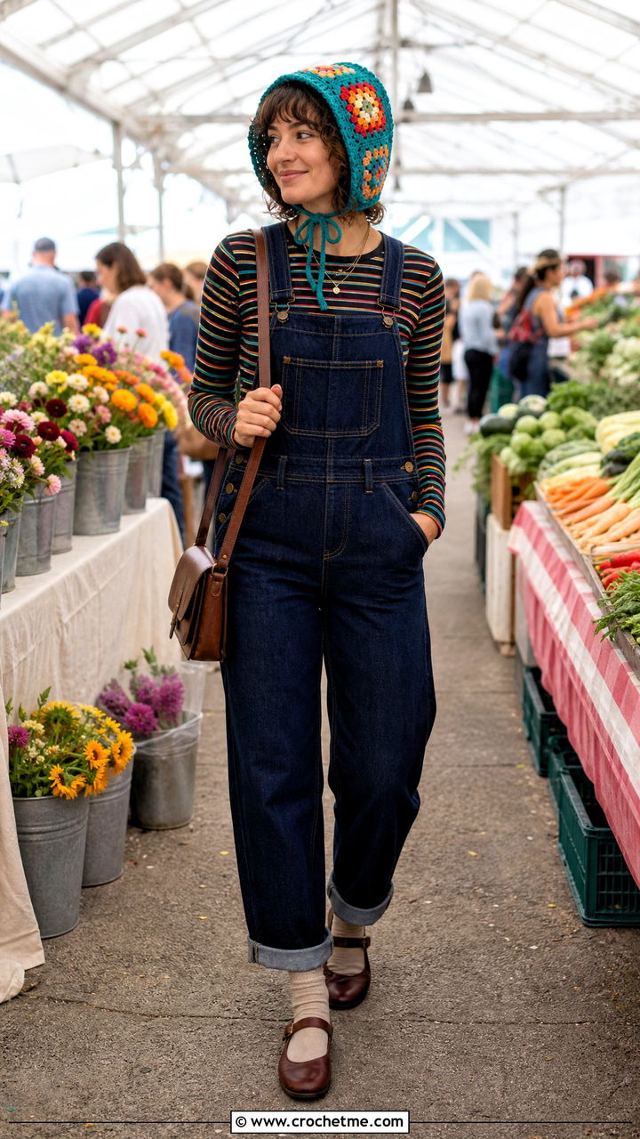 Vintage Granny Square Bonnet With Overalls And Mary Jane Shoes - 35 granny square hat outfit ideas