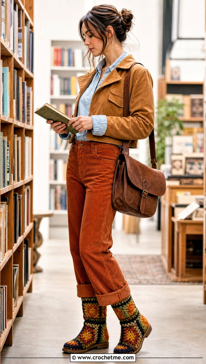 Vintage Granny Square Boots With Corduroy Pants - 25 granny square boots outfit ideas
