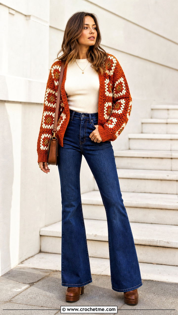 Vintage Granny Square Cardigan With Flared Jeans - 30 granny squares cardigan outfit ideas