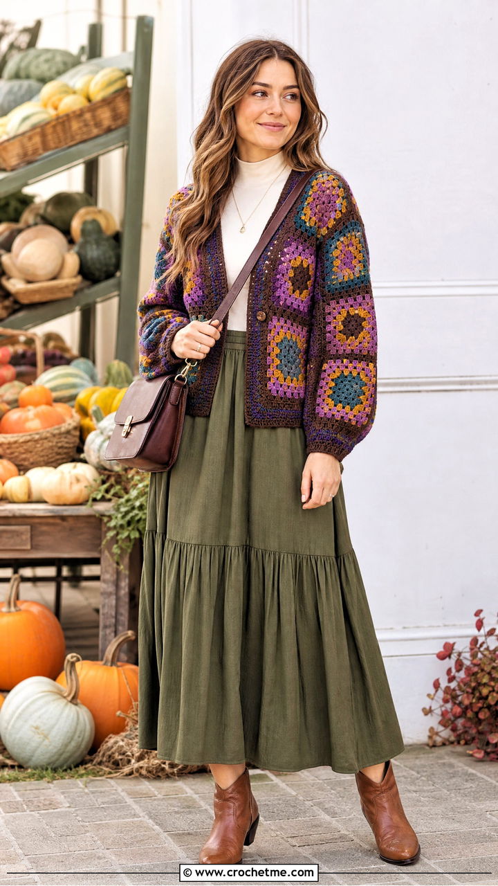 Vintage Granny Square Cardigan With Prairie Skirt - 35 crochet granny square cardigan outfit ideas