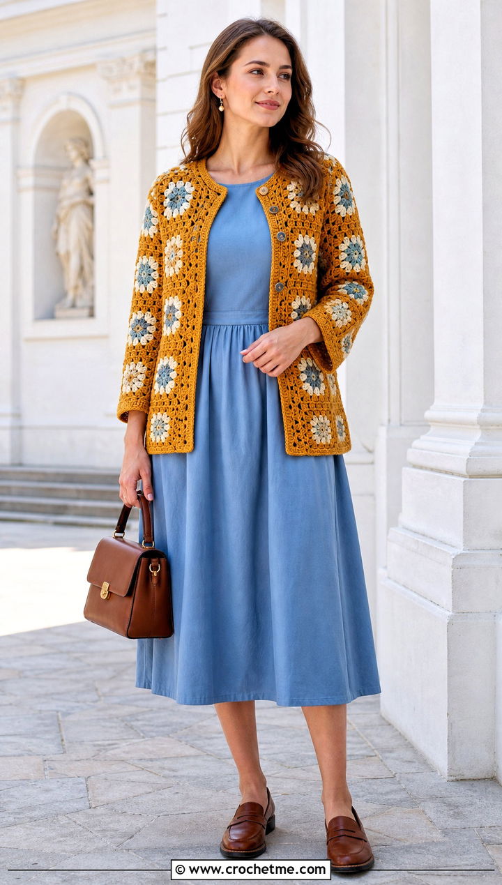 Vintage Granny Square Cardigan With Tea Dress - 35 Easy Simple Crochet Granny Square Cardigan outfit ideas