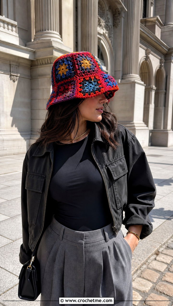 Vintage Granny Square Crochet Bucket Hat With Modern Basics - 35 granny square crochet bucket hat outfit ideas