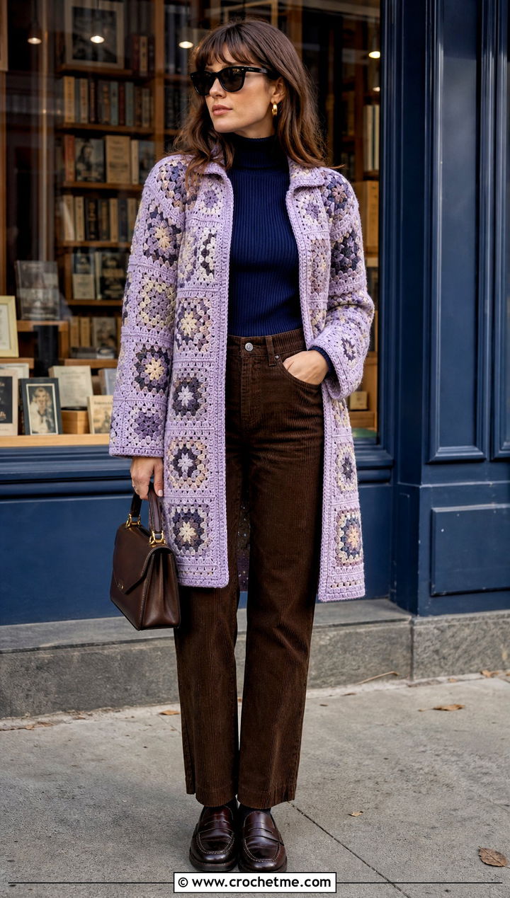 Vintage Granny Square Crochet Coat With Corduroy Pants - 25 Granny Square Crochet Coat outfit ideas