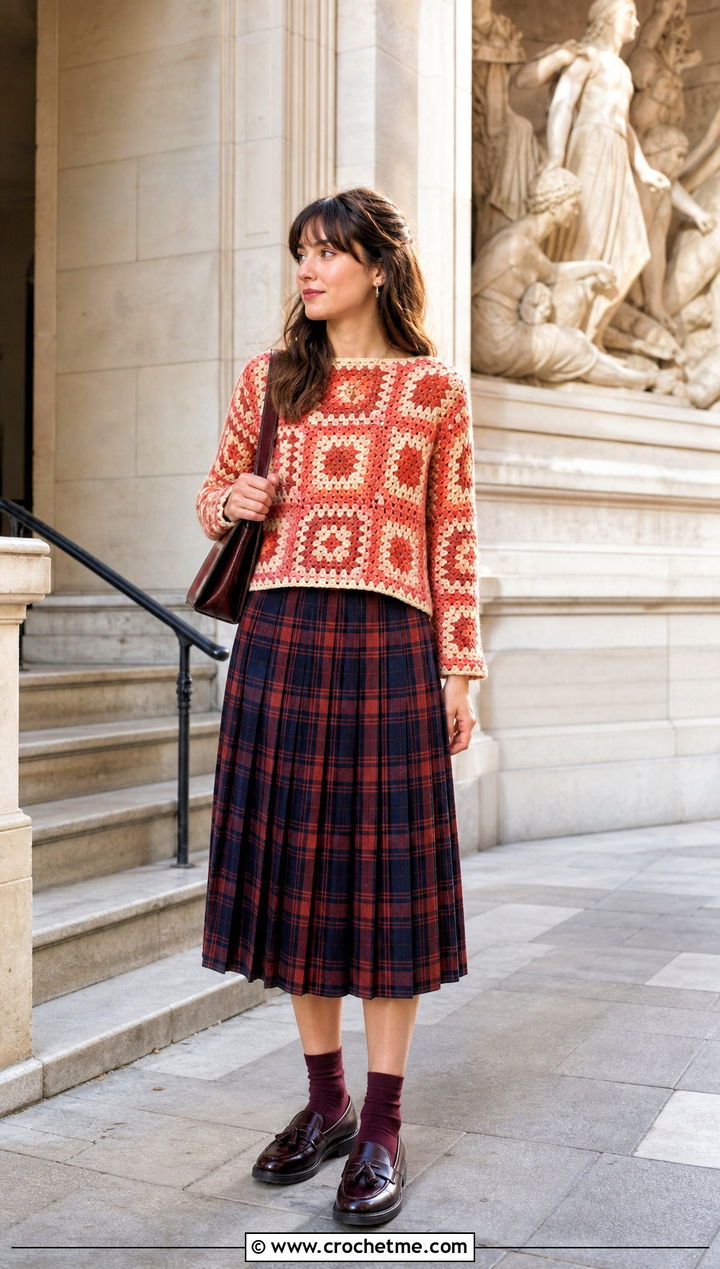 Vintage Granny Square Crochet Long Sleeve Top With Plaid Midi Skirt - 25 Granny Square Crochet Long Sleeve Top outfit ideas