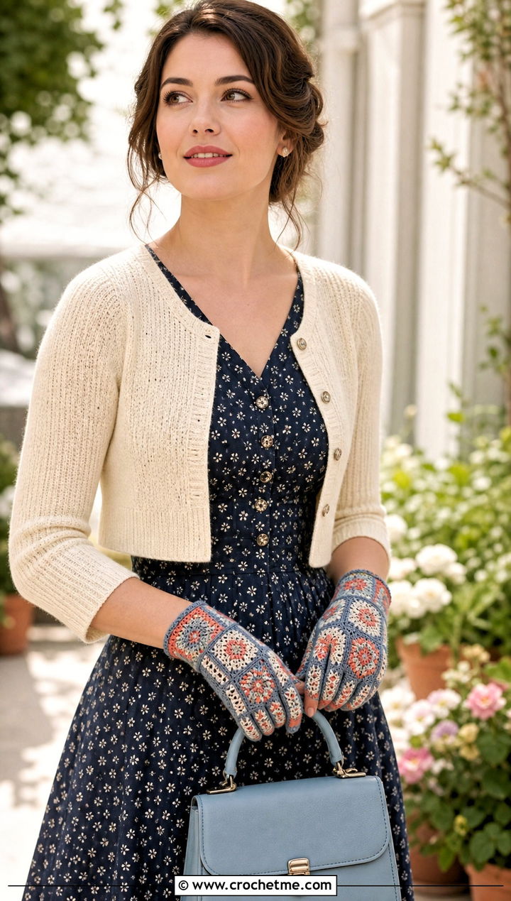 Vintage Granny Square Gloves With Tea Dress - 20 Fingerless Granny Square Gloves outfit ideas