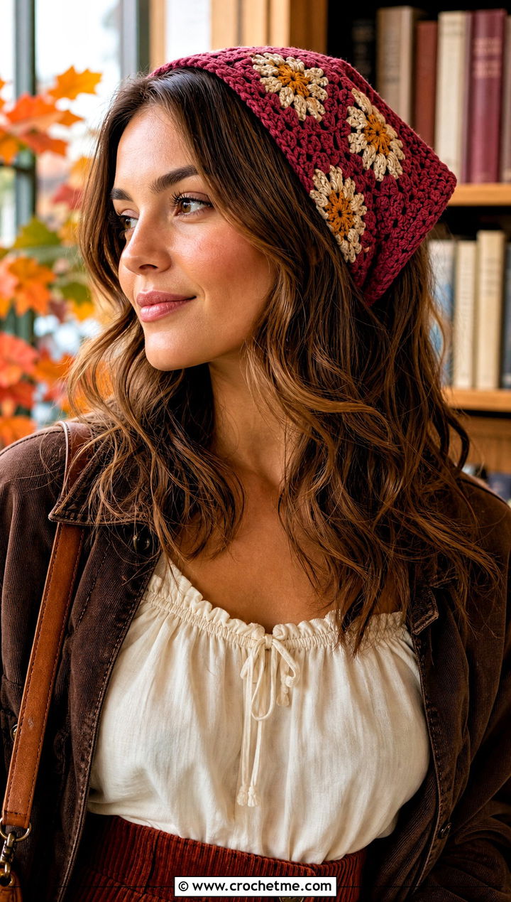 Vintage Granny Square Hair Scarf With Peasant Blouse And Corduroy Pants - 25 granny square hair scarf outfit ideas
