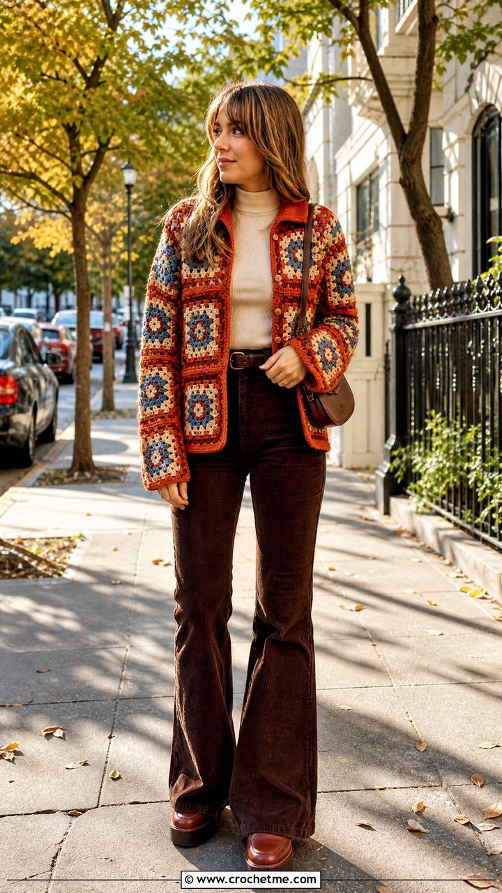 Vintage Granny Square Jacket With Corduroy Flares - 35 granny square jacket outfit ideas