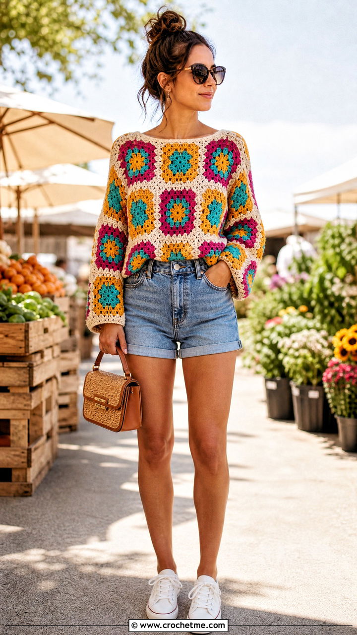 Vintage Granny Square Pullover With Modern Denim Shorts - 35 granny square pullover outfit ideas