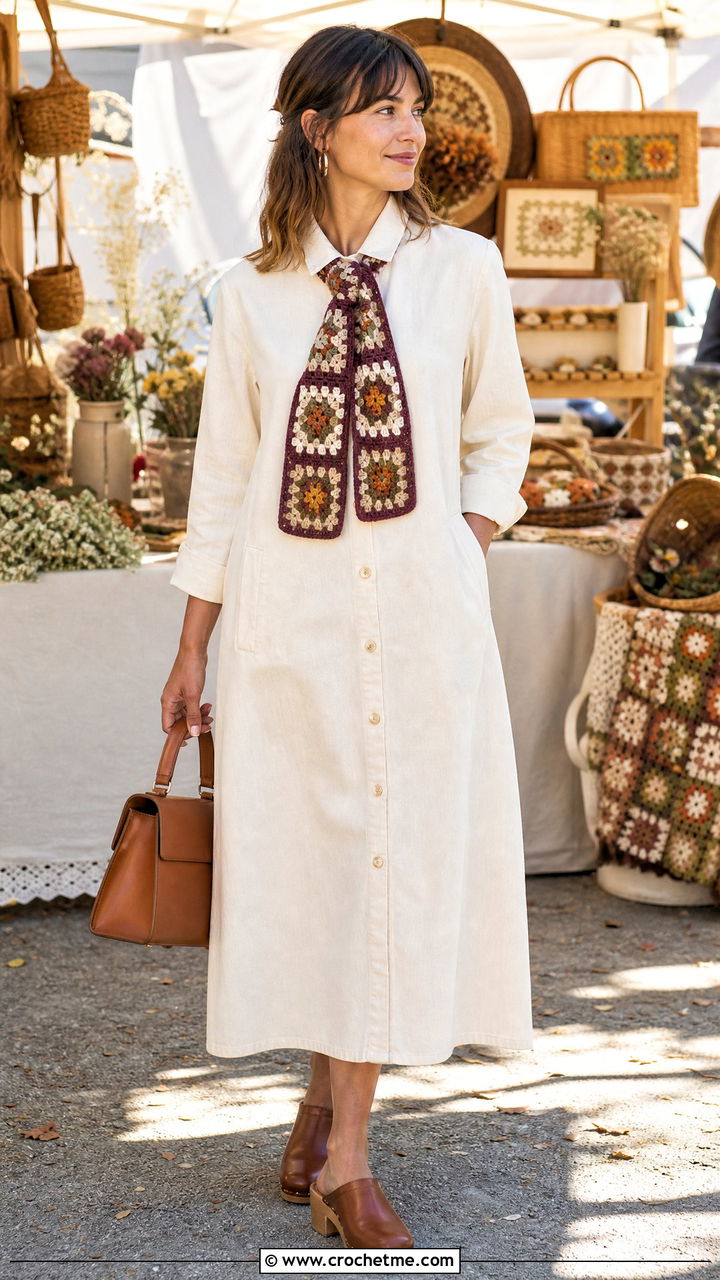 Vintage Granny Square Scarf With Denim Dress And Clogs - 35 granny square scarf outfit ideas