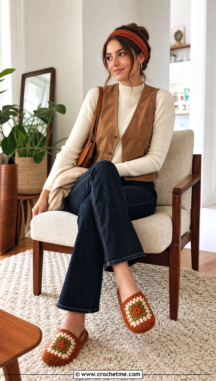 Vintage Granny Square Slippers With Flared Jeans - 25 Crochet Granny Square Slippers outfit ideas