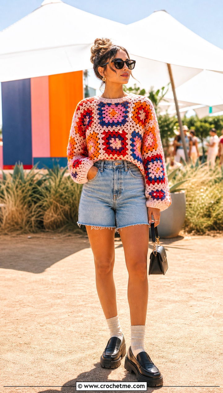 Vintage Granny Square Sweater With Modern Denim Shorts - 25 Granny Squares Sweater outfit ideas