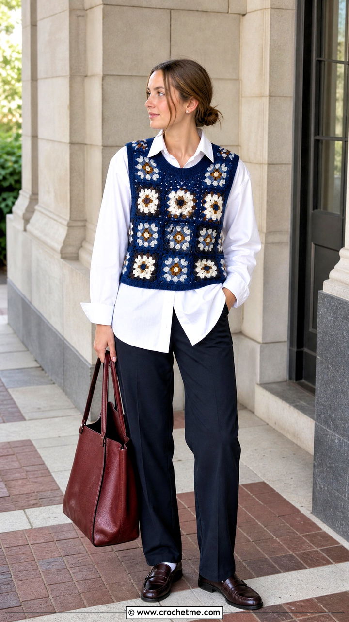 Vintage Granny Square Vest Top With White Shirt - 35 granny square top outfit ideas