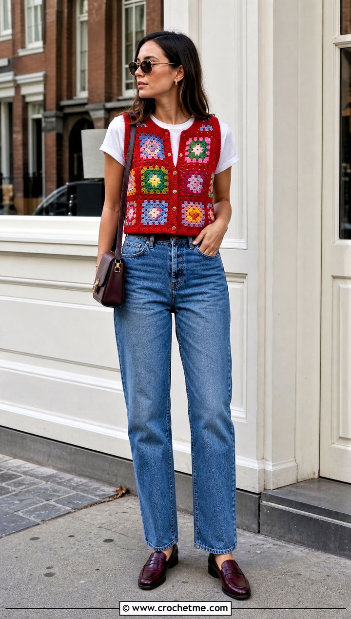Vintage Granny Square Waistcoat With Straight Jeans - 25 Granny Squares Vest outfit ideas