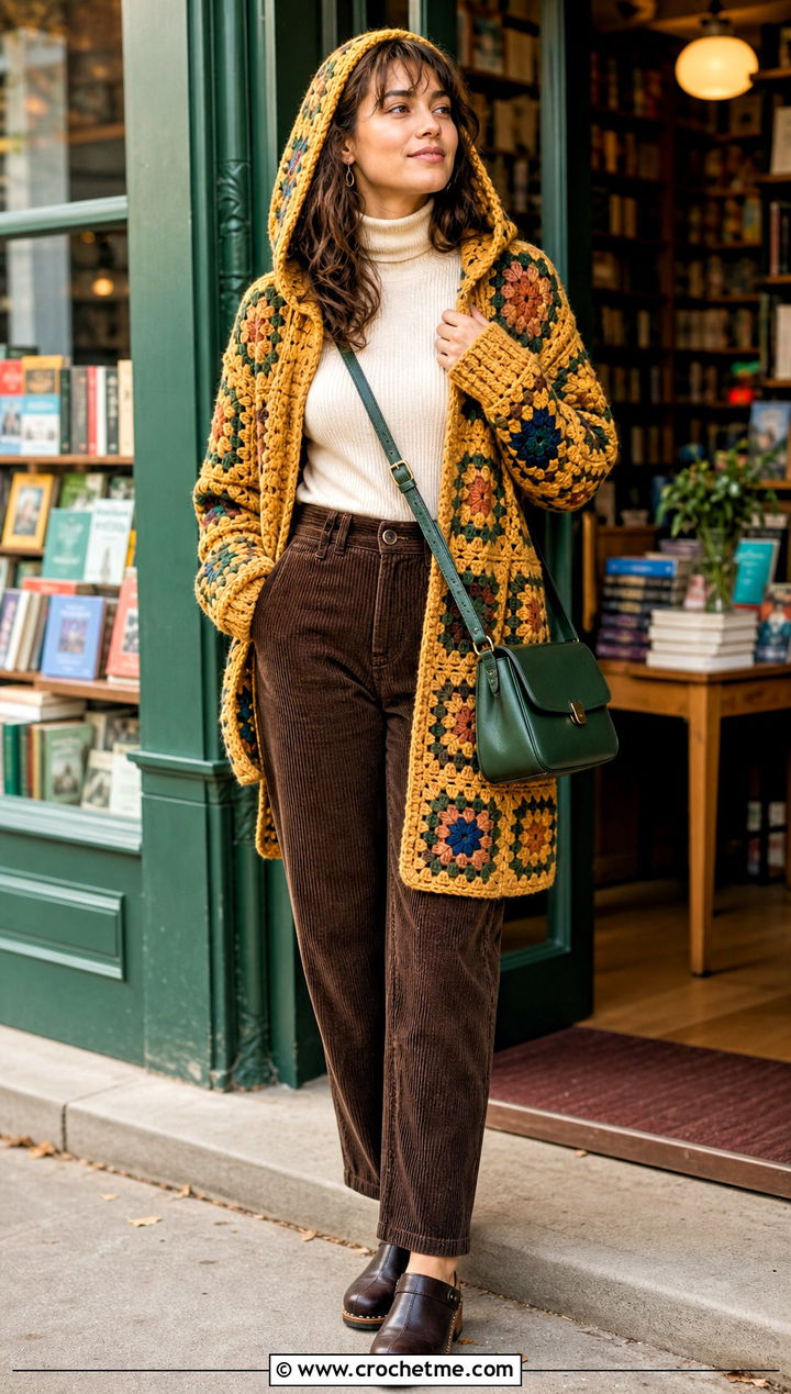 Vintage Hooded Granny Square Cardigan With Corduroy Pants - 30 granny square cardigan with hood outfit ideas