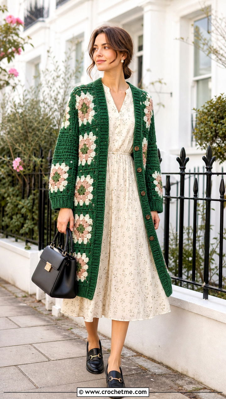 Vintage Inspired Giant Granny Square Cardigan With Tea Dress - 35 giant granny square cardigan outfit ideas