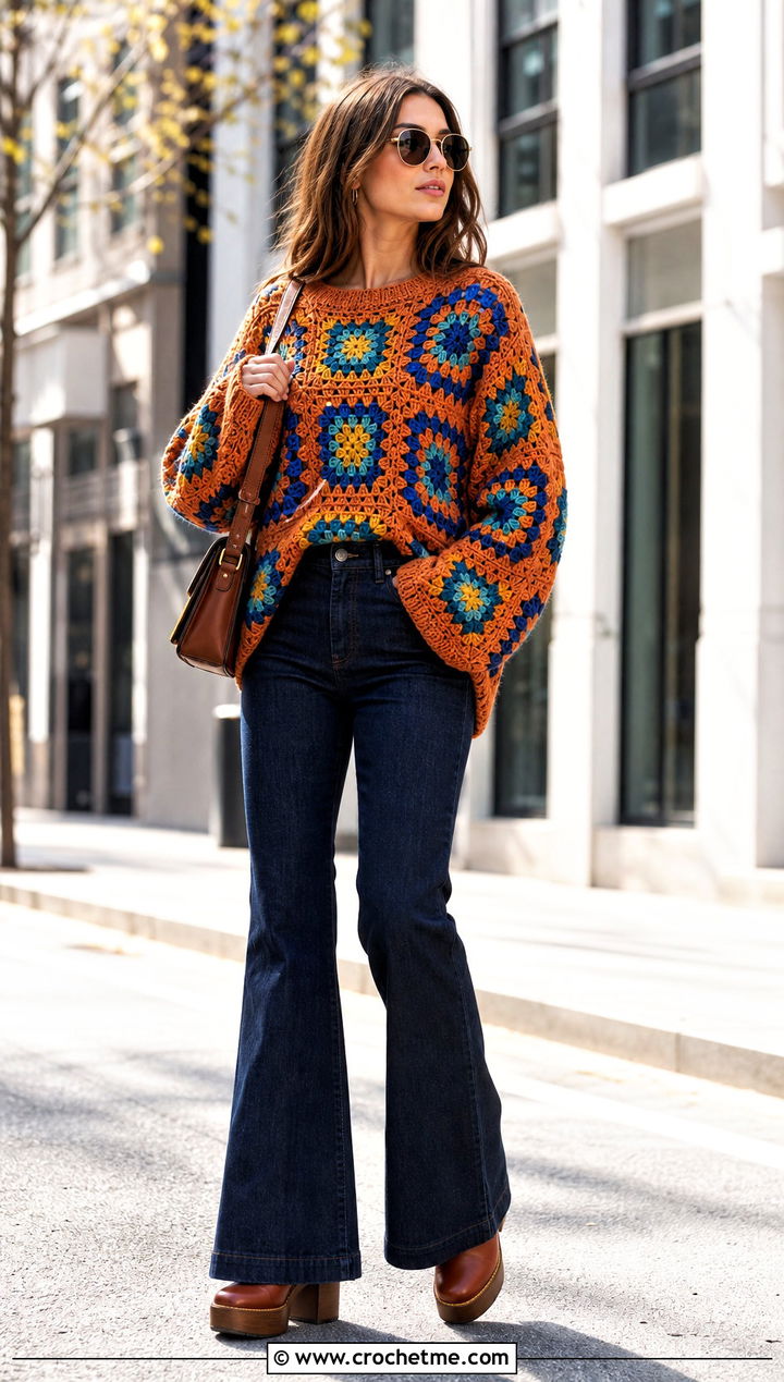 Vintage Inspired Oversized Granny Square Sweater With Flared Jeans - 30 oversized granny square sweater outfit ideas