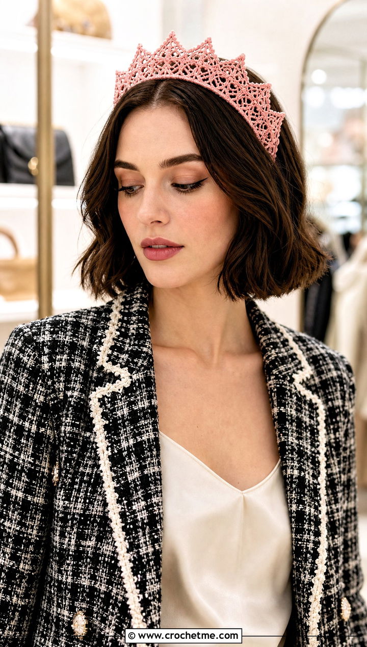 Vintage Lace Crochet Tiara Headband With Tweed Jacket - 30 crochet tiara headband outfit ideas