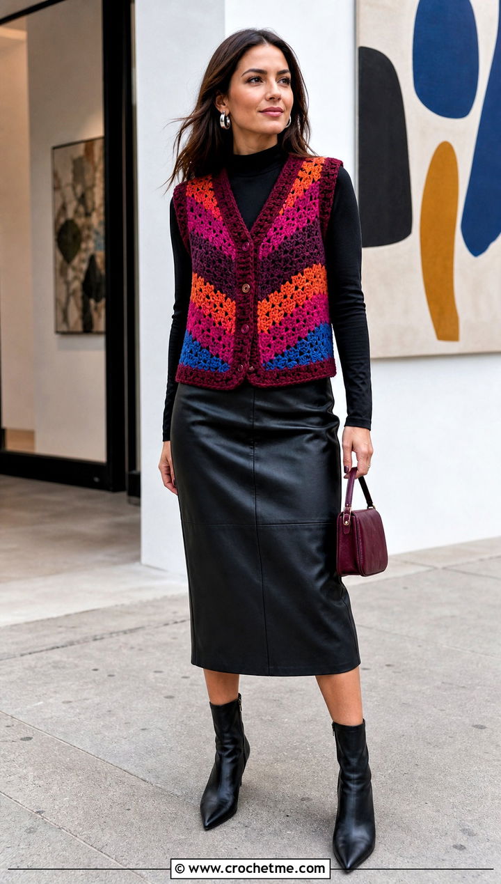 Vintage Rainbow Chevron Crochet Vest With Leather Midi Skirt - 15 vintage rainbow crochet vest outfit ideas