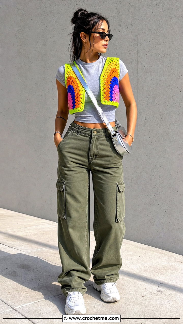 Vintage Rainbow Cropped Crochet Vest With Cargo Pants - 15 vintage rainbow crochet vest outfit ideas