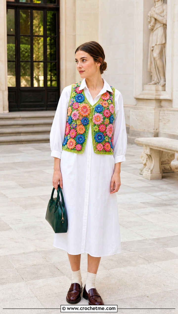 Vintage Rainbow Floral Applique Crochet Vest With White Shirt Dress - 15 vintage rainbow crochet vest outfit ideas