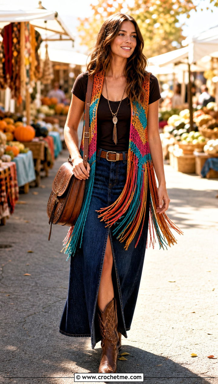 Vintage Rainbow Fringe Crochet Vest With Denim Maxi Skirt - 15 vintage rainbow crochet vest outfit ideas