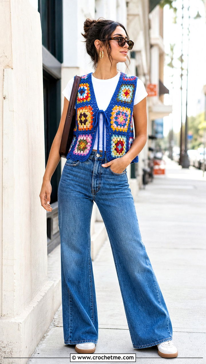 Vintage Rainbow Granny Square Crochet Vest With Wide Leg Jeans - 15 vintage rainbow crochet vest outfit ideas