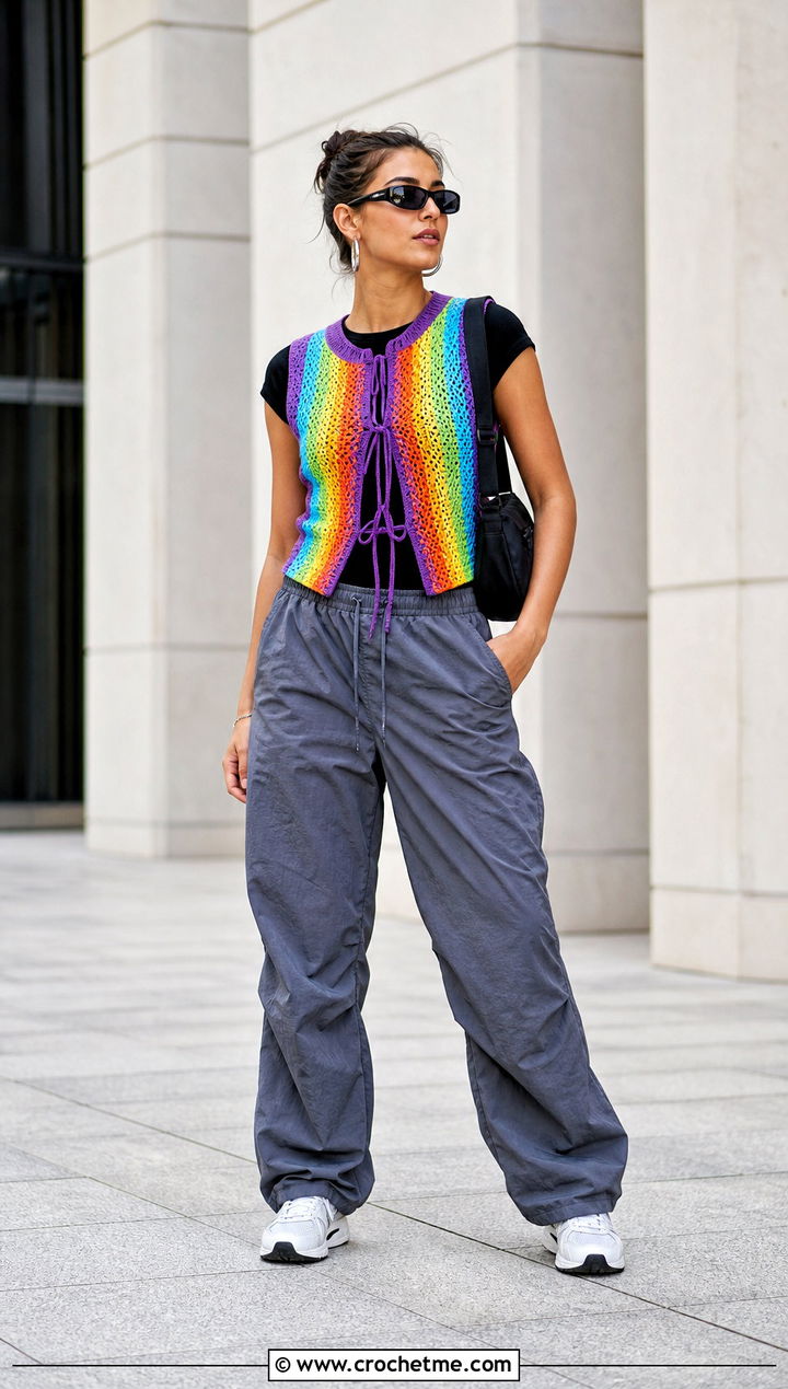 Vintage Rainbow Lace Up Crochet Vest With Parachute Pants - 15 vintage rainbow crochet vest outfit ideas