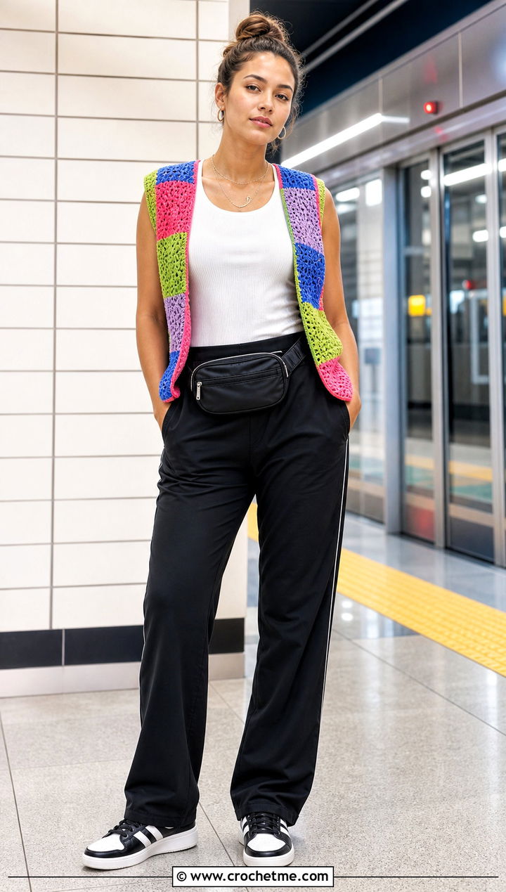 Vintage Rainbow Patchwork Crochet Vest With Track Pants - 15 vintage rainbow crochet vest outfit ideas