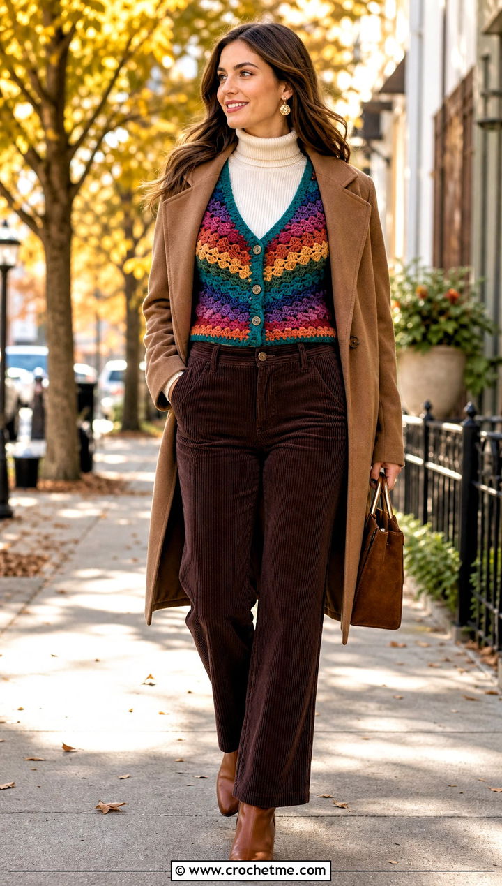Vintage Rainbow Ribbed Trim Crochet Vest With Corduroy Pants - 15 vintage rainbow crochet vest outfit ideas