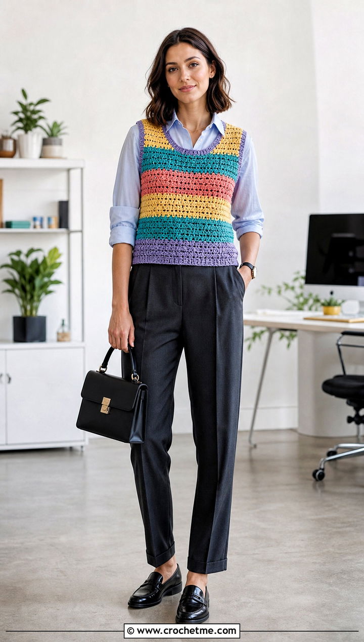 Vintage Rainbow Striped Crochet Sweater Vest With Pleated Trousers - 15 vintage rainbow crochet vest outfit ideas