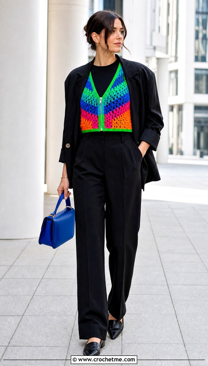 Vintage Rainbow Zip Front Crochet Vest With Black Suit - 15 vintage rainbow crochet vest outfit ideas