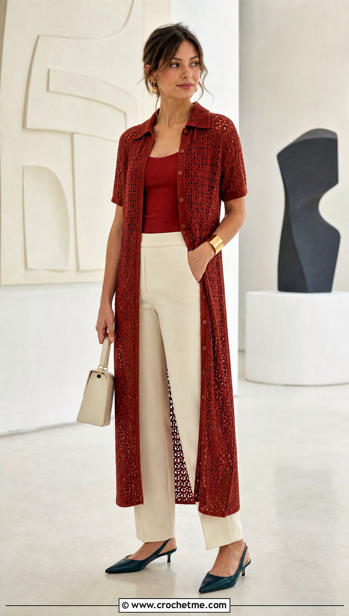 Vintage Red Crochet Shirt Dress With Tailored Trousers - 15 vintage red crochet dress outfit ideas