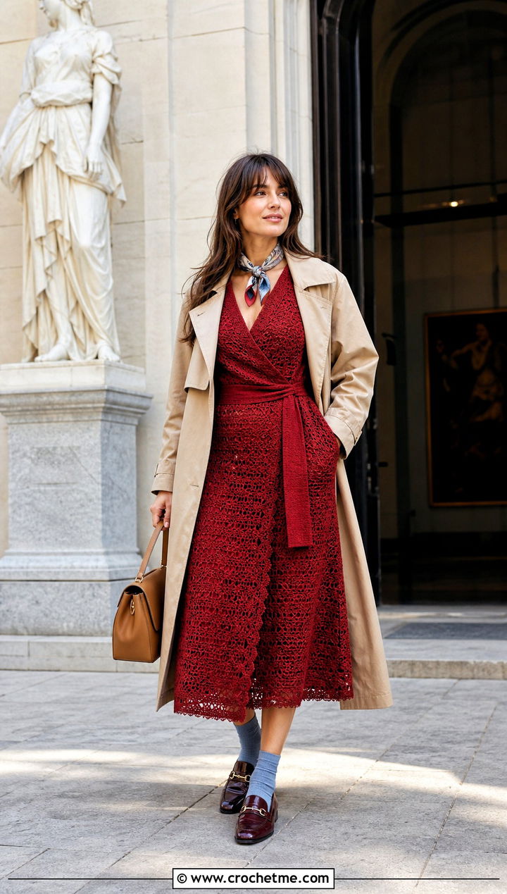 Vintage Red Crochet Wrap Dress With Loafers - 15 vintage red crochet dress outfit ideas