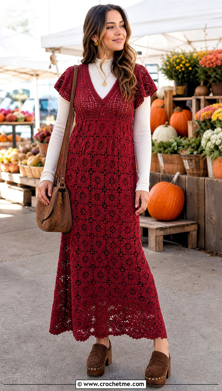 Vintage Red Empire Waist Granny Crochet Dress With Clogs - 15 vintage red crochet dress outfit ideas