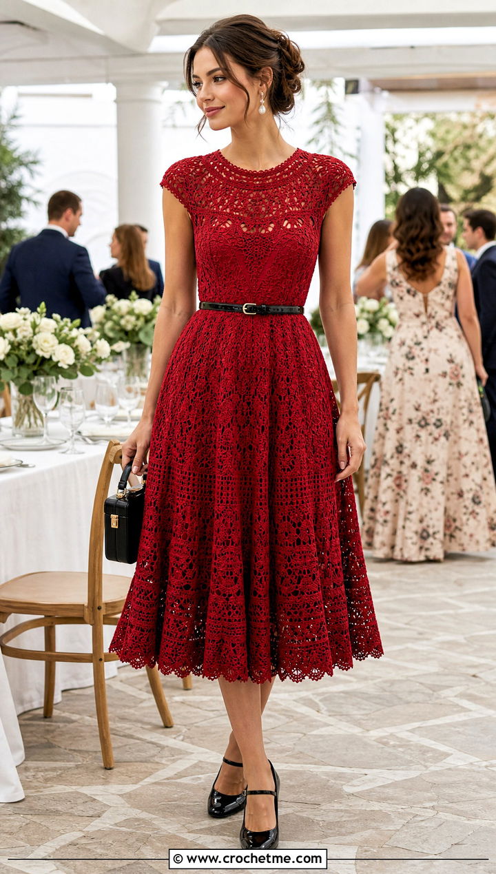 Vintage Red Fit And Flare Crochet Midi Dress With Mary Janes - 15 vintage red crochet dress outfit ideas