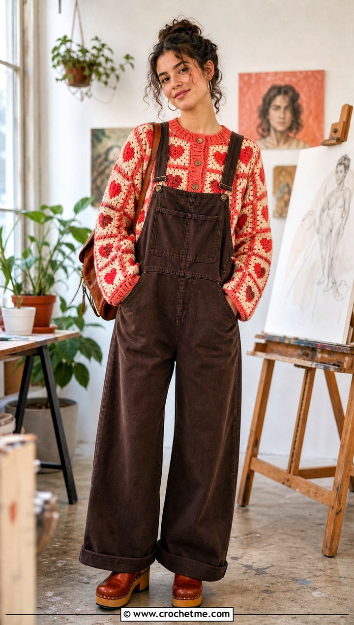 Vintage Red Heart Granny Square Cardigan With Wide Leg Overalls - 15 red heart granny square cardigan outfit ideas