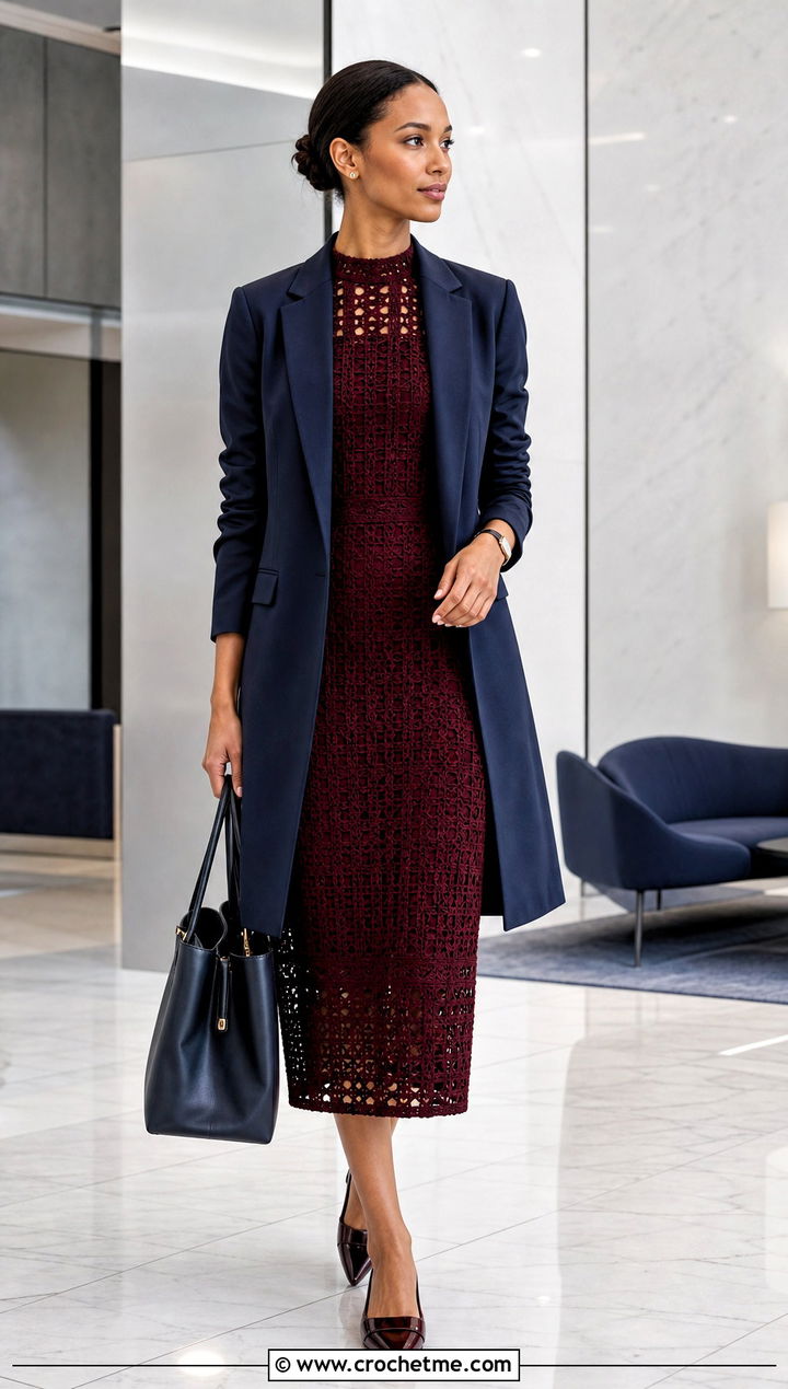 Vintage Red Lace Crochet Column Dress With Blazer - 15 vintage red crochet dress outfit ideas